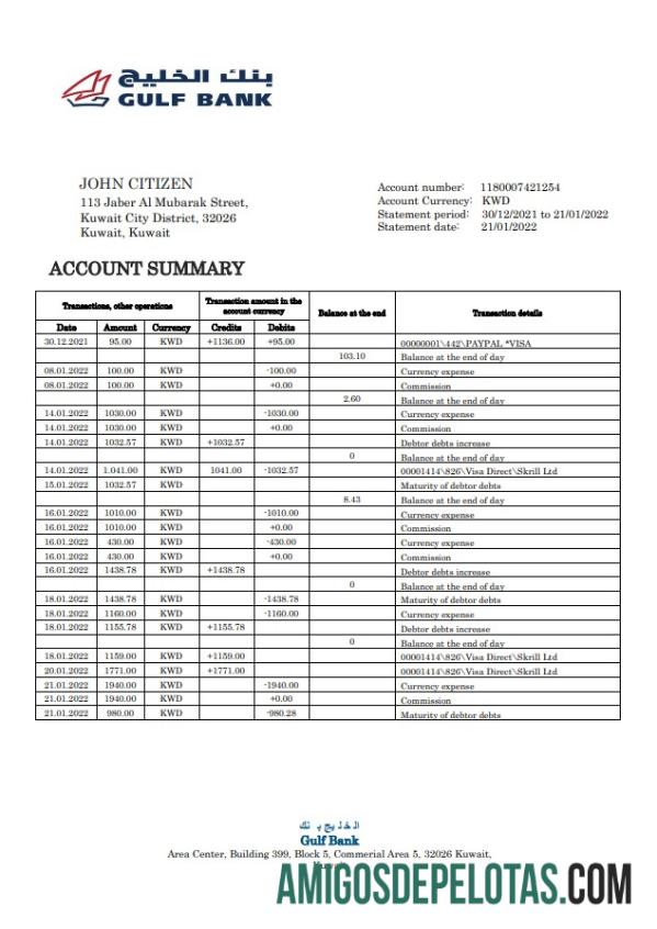 Kuwait Gulf extrato bancário amostra